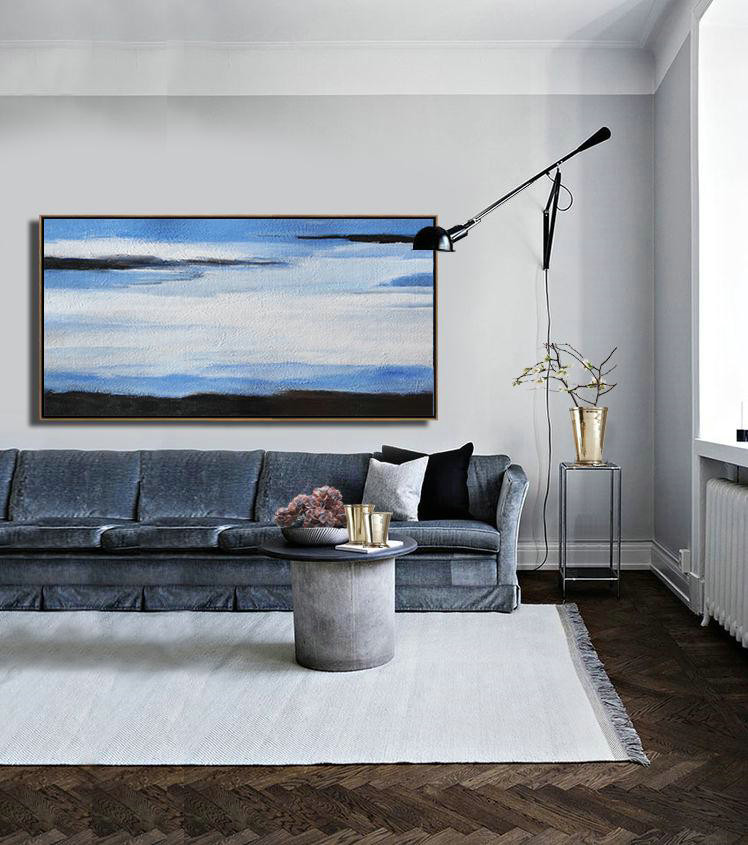 Handmade Extra Large Contemporary Painting,Hand Painted Panoramic Abstract Painting,Modern Canvas Art,White,Blue,Black.etc